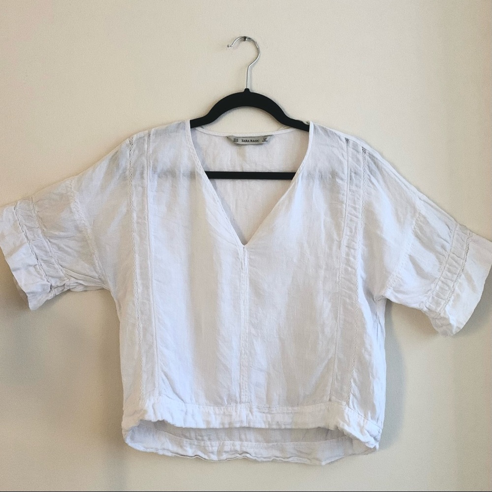 Zara Basics Linen Short Sleeve V-Neck Top, XS